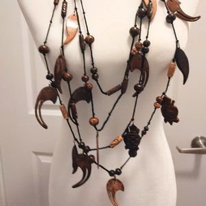 Vintage Extra Long Multi Strand Wooden, Acrylic and Rope Necklace, 30"-44"